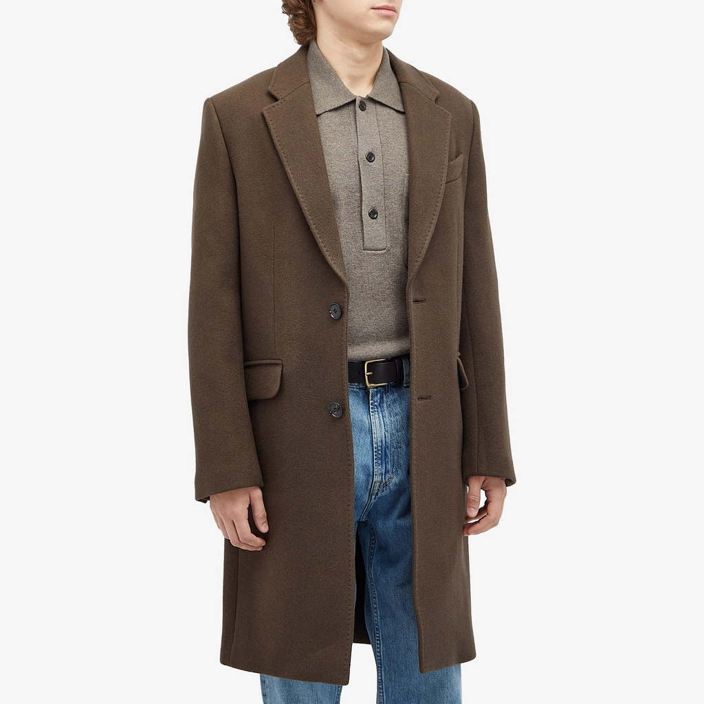 AMI Paris Men's Two Button Herringbone Wool Overcoat Dark Coffee
